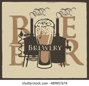 banner for the brewery with a glass of beer and brewing machine