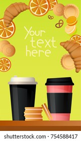 Banner with bright background, tea and coffee cups, cookies, croissant, orange and place for your text
