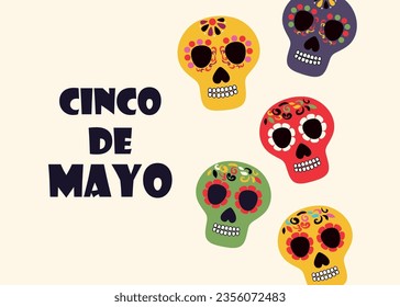 Banner with bright floral skulls in honor of the Mexican holiday. Cinco de mayo. Vector stock illustration. Feast of the Dead. Flat style. Background.