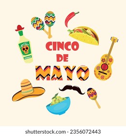 Banner with bright flower skulls, tequila, quisadilla, tacos, sambrero, guacamole, maracas, chili peppers, mustaches in honor of the Mexican holiday. Cinco de mayo. Vector stock illustration. Feast 