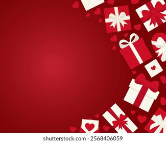 Banner with bright gift boxes, hearts, envelopes, bows on red background