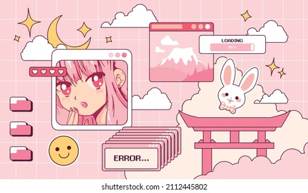 Banner in bright pink design. Interface elements and stickers in retro style.