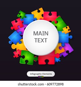 Banner with bright puzzle and white circle on dark background. Vector illustration
