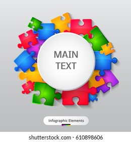 Banner with bright puzzles and white circle on light background. Vector illustration