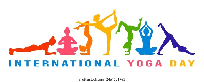 Banner with bright silhouettes of women doing asana and meditation practice for International Yoga Day on 21st June