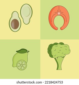 Banner with broccoli, avocado, lime and salmon on green background. Vector illustration in the style of flat with organic food. Wellness food concept.