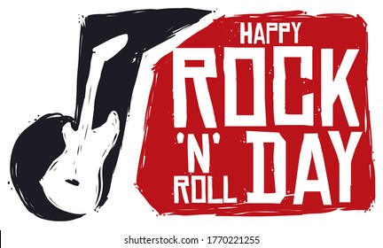 Banner with brushstrokes of music note and electric guitar silhouette with greeting, to celebrate a happy Rock 'N' Roll Day.