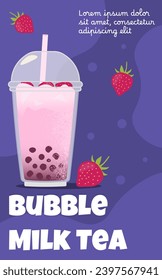 Banner bubble milk tea. Blue flyer or leaflet. Plastic cup with strawberry beverage. Aroma coffee and tea. Graphic element for website. Menu for cafe, catering. Cartoon flat vector illustration