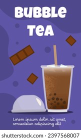 Banner bubble milk tea. Blue flyer or leaflet. Plastic cup with chocolate beverage. Aroma coffee and tea. Template and layout. Menu for cafe, catering. Cartoon flat vector illustration