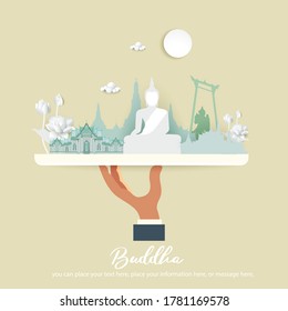 Banner buddha hand holding mobile phone concept with copy space vector background - Magha puja day template banner