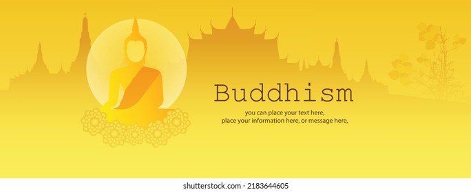 Banner buddha meditating on a yellow gold vector illustration - Magha Puja, Asanha Puja, Vesak Puja Day, Buddhist holiday concept. Thailand culture