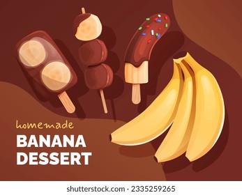 Banner with a bunch of bananas, homemade frozen chocolate covered bananas on a stick and ice cream.