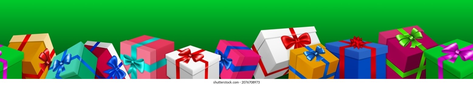 Banner with bunch of colored gift boxes with ribbons and bows on green background. With seamless horizontal repetition