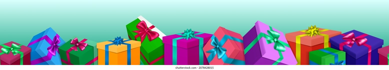 Banner with bunch of colored gift boxes with ribbons and bows on light blue background. With seamless horizontal repetition
