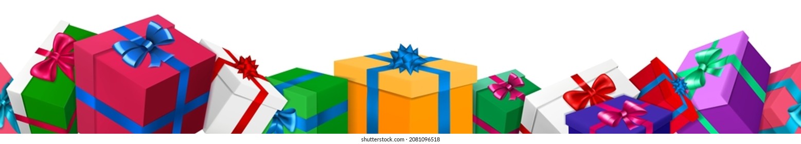 Cartel con un montón de cajas de regalo de colores con cintas y arcos sobre fondo blanco. Con una repetición horizontal sin fisuras