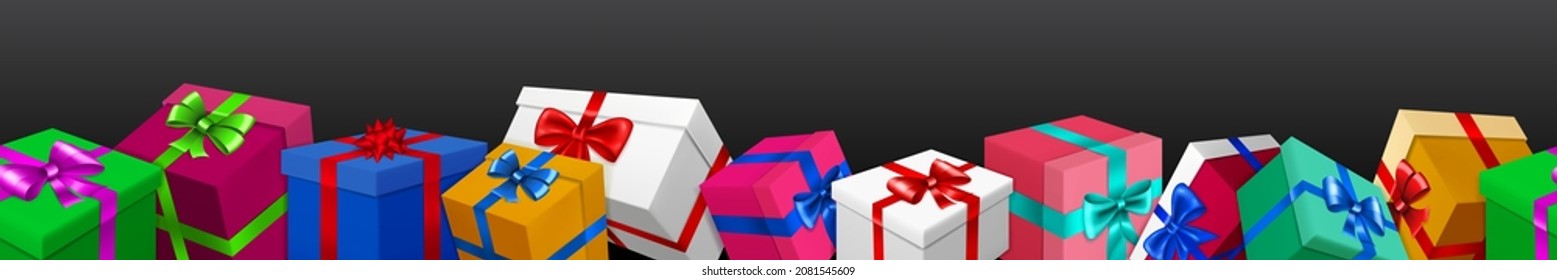 Banner with bunch of colored gift boxes with ribbons and bows on black background. With seamless horizontal repetition