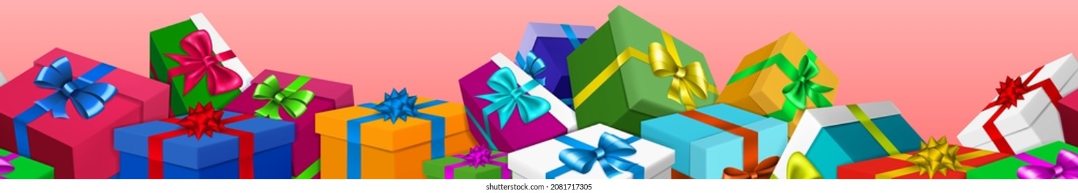Banner with bunch of colored gift boxes with ribbons and bows on pink background. With seamless horizontal repetition