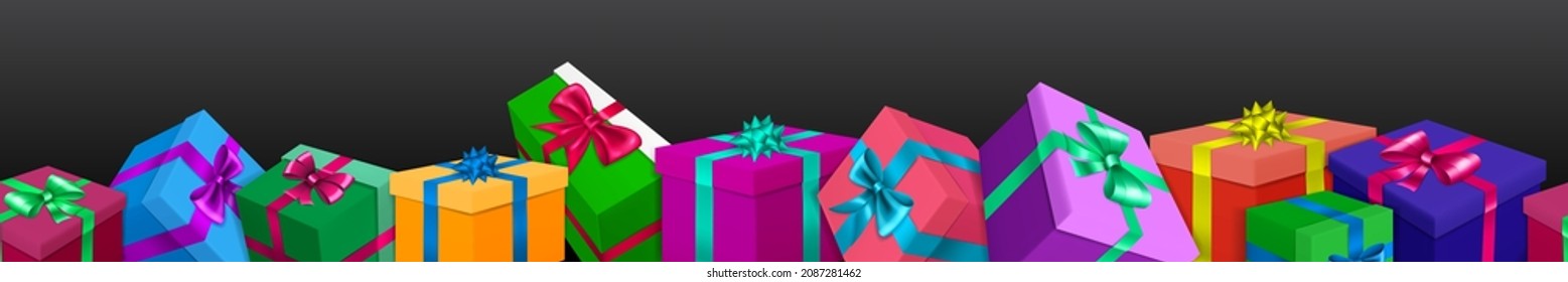 Cartel con un montón de cajas de regalo de colores con cintas y arcos sobre fondo negro. Con una repetición horizontal sin fisuras