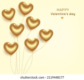 Banner - a bunch of golden balloons in the shape of a heart. Postcard - oster for Valentine's Day. 3D realistic illustration. Vector.