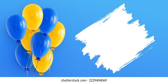 Banner with bunch of helium balloons and brush stroke over blue sky background. Realistic 3d web banner design template with copy space for your slogan