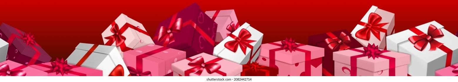 Banner with bunch of purple, pink and white gift boxes with ribbons, bows and pattern of hearts. On red background, with seamless horizontal repetition. Valentine's Day illustration.
