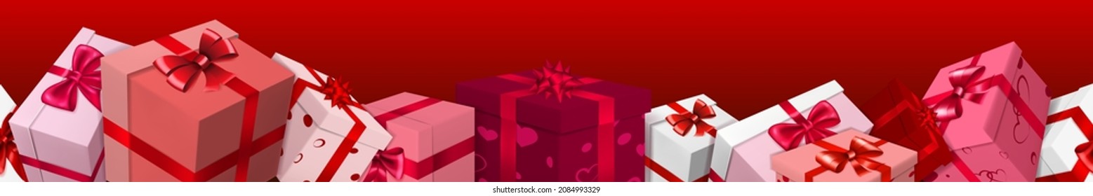 Banner with bunch of purple, pink and white gift boxes with ribbons, bows and pattern of hearts. On red background, with seamless horizontal repetition. Valentine's Day illustration.