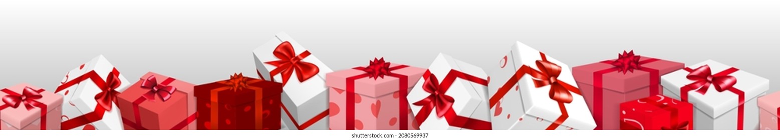 Cartel con un montón de cajas de regalo rojas, rosas y blancas con cintas, arcos y patrones de corazones. En el fondo blanco, con una repetición horizontal perfecta. Ilustración de San Valentín.