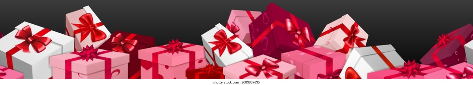 Banner with bunch of red, pink and white gift boxes with ribbons, bows and pattern of hearts. On black background, with seamless horizontal repetition. Valentine's Day illustration.