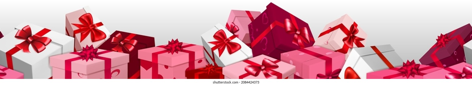 Banner with bunch of red, pink and white gift boxes with ribbons, bows and pattern of hearts. On white background, with seamless horizontal repetition. Valentine's Day illustration.