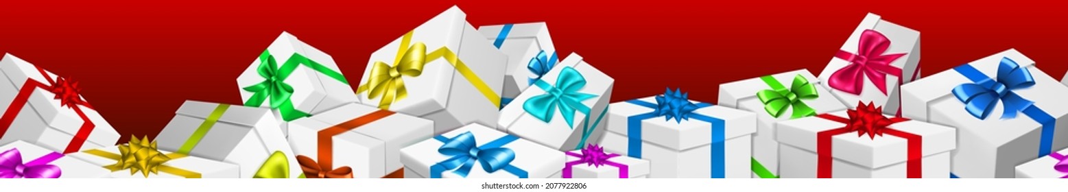 Cartel con un montón de cajas de regalo blancas con cintas de color y arcos sobre fondo rojo. Con una repetición horizontal sin fisuras