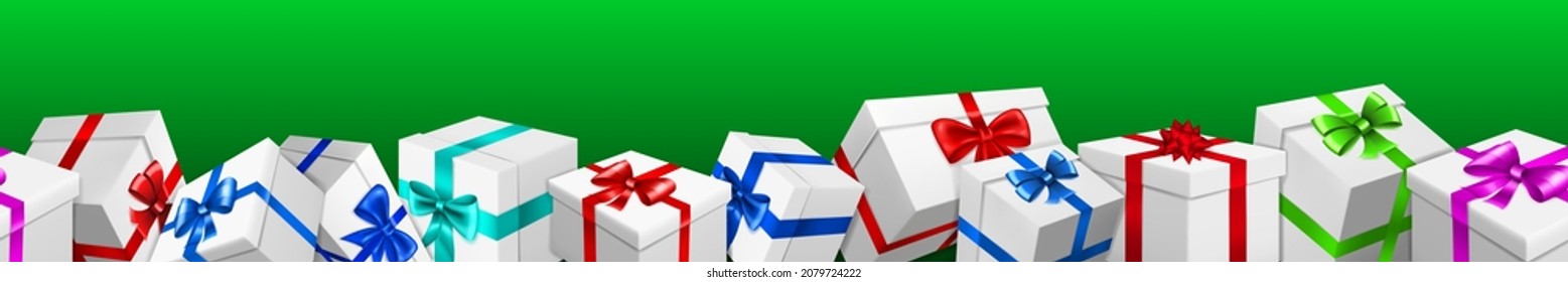 Banner with bunch of white gift boxes with colored ribbons and bows on green background. With seamless horizontal repetition