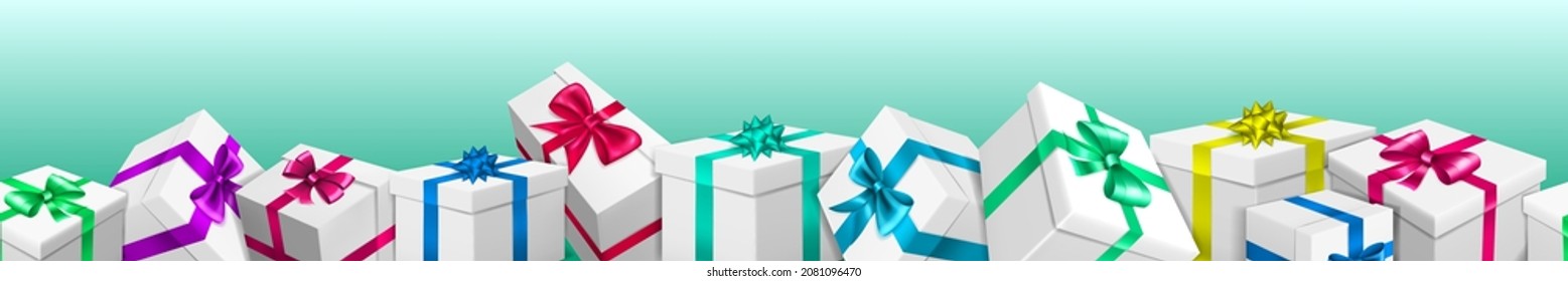 Banner with bunch of white gift boxes with colored ribbons and bows on light blue background. With seamless horizontal repetition