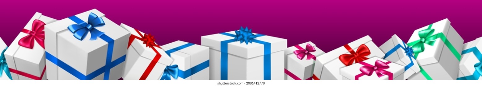Banner with bunch of white gift boxes with colored ribbons and bows on purple background. With seamless horizontal repetition