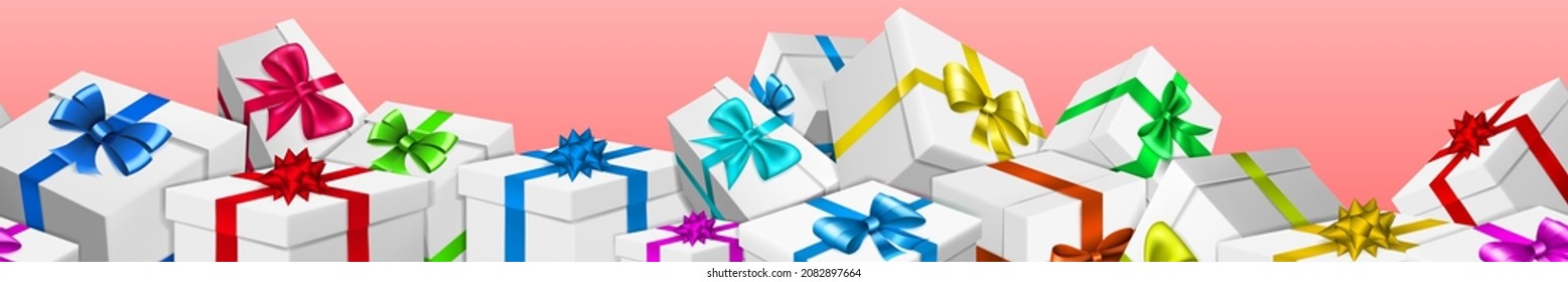 Banner with bunch of white gift boxes with colored ribbons and bows on pink background. With seamless horizontal repetition
