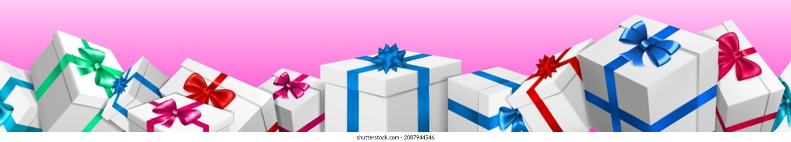 Banner with bunch of white gift boxes with colored ribbons and bows on pink background. With seamless horizontal repetition