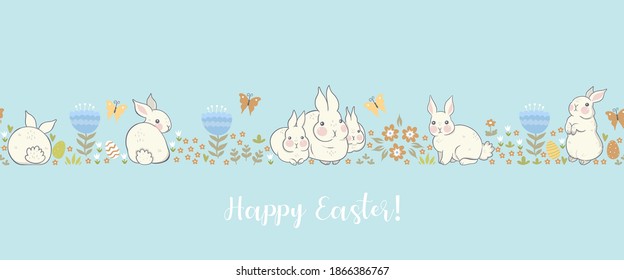 Banner with bunnies and flowers and the inscription Happy Easter. Vector graphics.