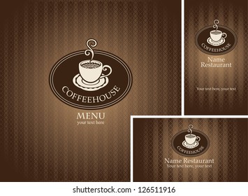 banner and business cards with a cup of coffee on a brown background