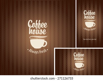 banner and business cards with a cup of coffee on a brown background