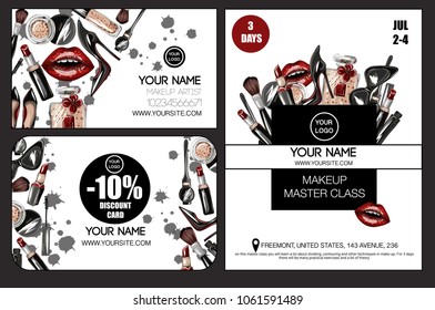 Banner, business and discount card  for master class makeup artist crop top, lips, shoes, lipstick, sunglasses, brush and other. Makeup patches vector illustration.