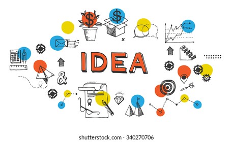 Banner with business hand drawn doodles on white background and 3d text in the middle..
