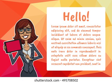 Banner with business people. Vector character with bubble talk and mobile. Vector quote for colorful web banners, web sites, printed materials, infographics, startup, marketing. Girl says - hello