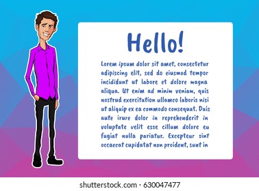 Banner with business people. Vector character with bubble talk. Vector quote for colorful web banners, web sites, printed materials, infographics, startup, marketing. Guy says - hello