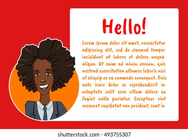 Banner with business people. Vector illustration character with bubble talk. Vector quote for colorful web banners, web sites, printed materials, infographics, startup, marketing. Girl says - hello