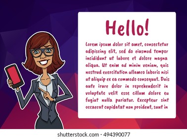 Banner with business people. Vector illustration character with bubble talk. Vector quote for colorful web banners, web sites, printed materials, infographics, startup, marketing. Girl says - hello