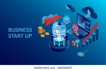 banner with business start up concept. digital marketing. business success goal. isometric. illustration cartoon vector