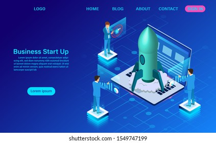 banner with business start up concept. digital marketing. business success goal. isometric. illustration cartoon vector