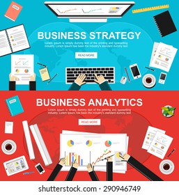 Banner for business strategy and business analytics. Flat design illustration concepts for business, finance, management, analysis,  business statistics, brainstorming, , teamwork, monitoring. 
