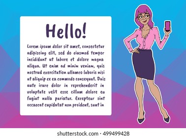 Banner with business woman. Vector character with bubble talk and mobile phone. 
