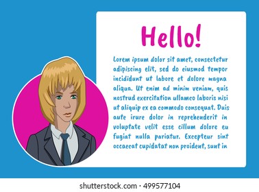 Banner with business woman. Vector illustration character with bubble talk