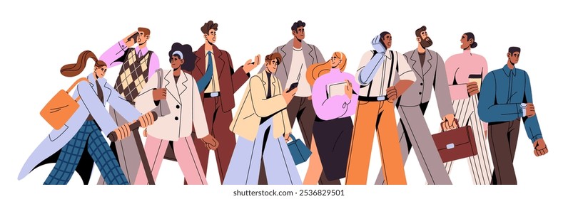 Banner of busy going crowd of employees. Diverse business people move to work together. Different men and women, team of colleagues communicates during walk. Flat isolated vector illustration on white